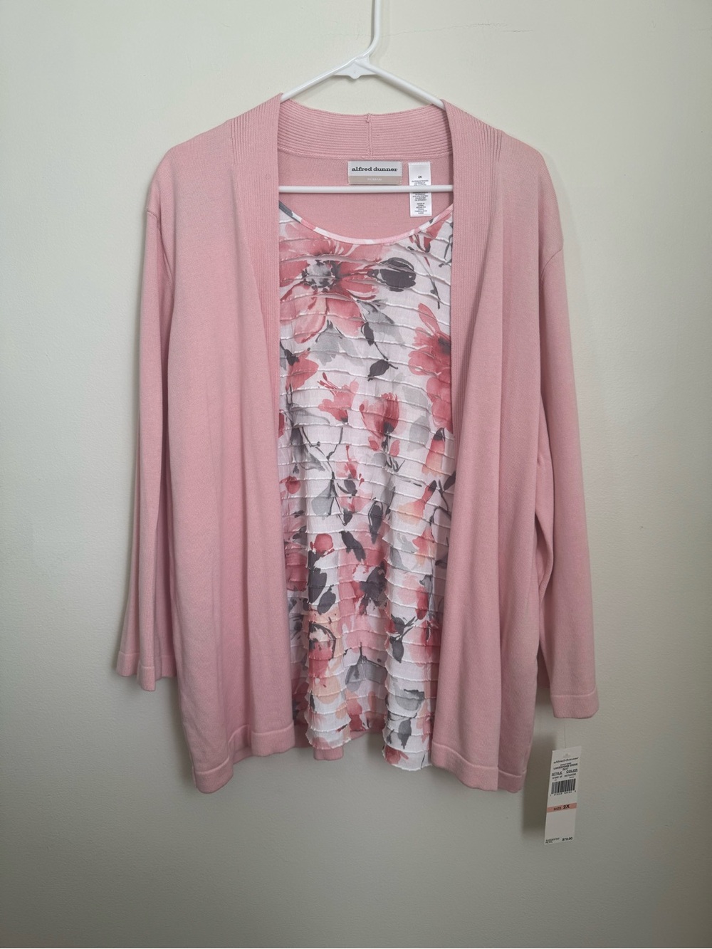 Alfred Dunner Blush Pink Open-Front Cardigan with Floral Insert
